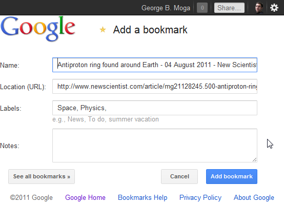 Google Bookmarks with new interface for bookmarklet