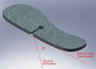 каменный пласт с вырезанным трапециедальным камертоном расположен под углом 35 градусов 

к источнику инфразвука