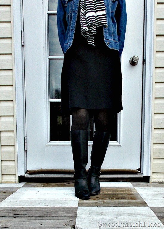 Black Dress, Black boots, Denim jacket, Striped scarf