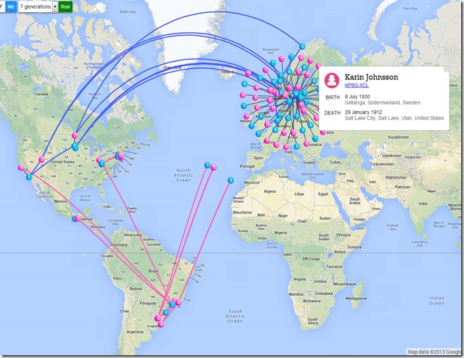 RootsMapper 7-Generation Expanded Pin Results with Ancestor Information Box