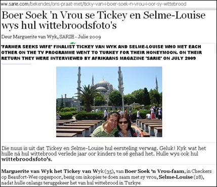 Van Wyk Ticky and new wife Selme Louise he met through FARMER MEETS WIFE honeymoon Sarie July2009