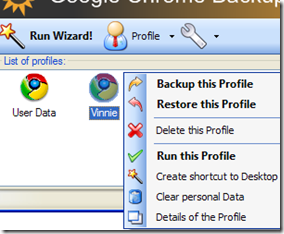 Google Chrome Backup menu contestuale per la gestione dei singoli profili