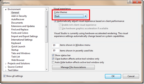 Dark Visual Experience in Visual studio 2012- A new visual studio feature.