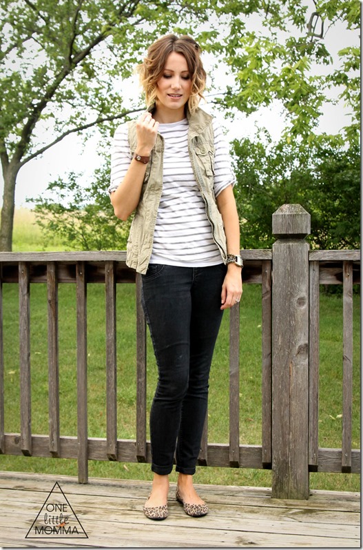 cargo vest, stripes, black denim- easy layers for early Fall