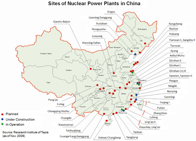 Sites of nuclear power plants in China, November 2008. Graphic: Research Institute of Tepia / Japan Society of Maintenology