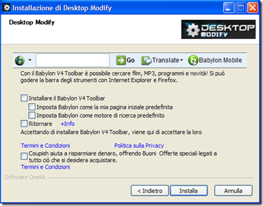 Desktop Modify rifiutare installazione di Babylon