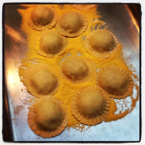 Goats cheese and walnut ravioli ready to cook