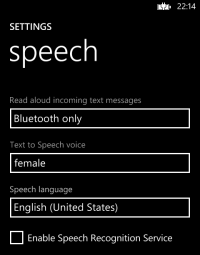 Speech Settings page in Windows Phone 8