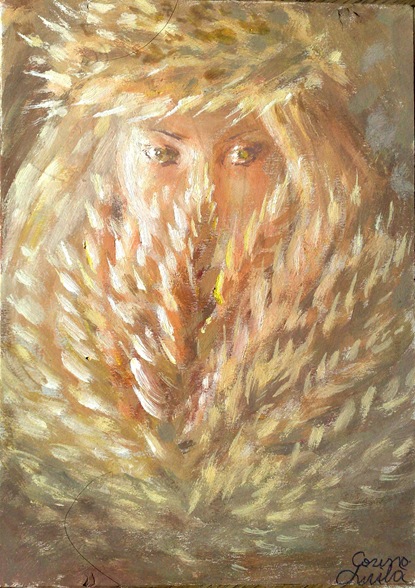Un chip inocent de fata cu spice de grau pictura tempera - Innocent girl with wheat painting