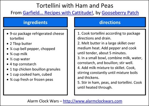 tortellini with ham and peas recipe card