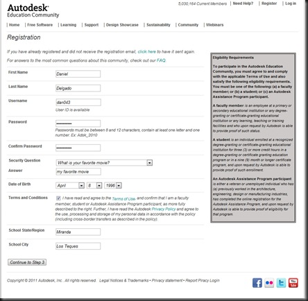 Formulario de registro en el programa educativo de Autodesk - Paso 2