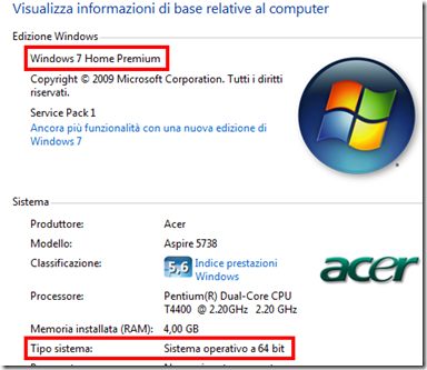 Proprietà di Windows 7 - Versione e tipo di sistema operativo