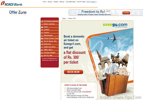 EZEEGO DISCOUNT COUPON FOR AIR TRAVEL USING ICICI