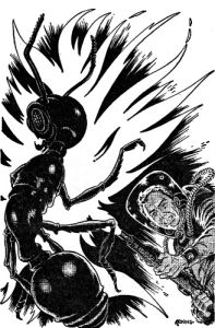 One of the illustrations by Adkins accompanying the original publication in Fantastic Stories magazine of the short story Planet of Dread by Murray Leinster. Image shows adventurers fighting a giant ant on a far off world.