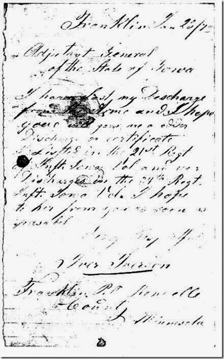 Letter by Iver Iverson to Adjutant General dated January 23, 1873 
