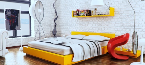Dormitorio de moda: amarillo, blanco y rojo