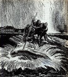 Illustration by Schnecmen accompanying the original publication in Astounding magazine of short story Fish Story by Vic Phillips and Scott Roberts. Image shows human hunters fishing a Porgill in a lake on Venus.