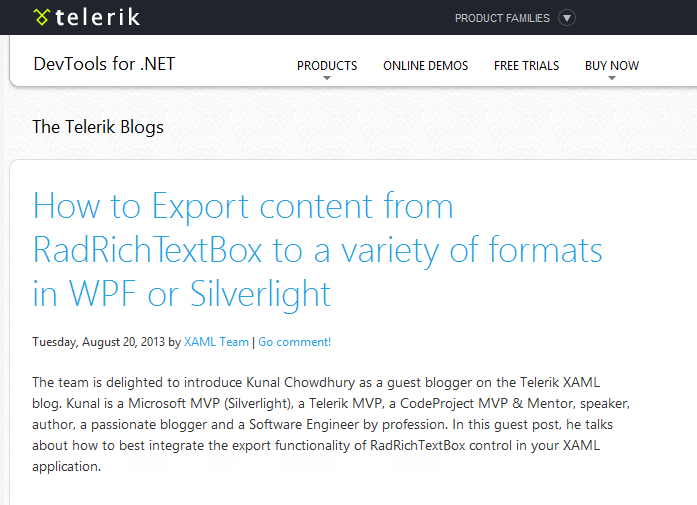 Guest blog post @ Telerik.com on How to Export content from RadRichTextBox to a variety of formats in WPF or Silverlight