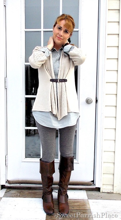 Grey leggins, blue tunic, tan cardigan, brown boots1