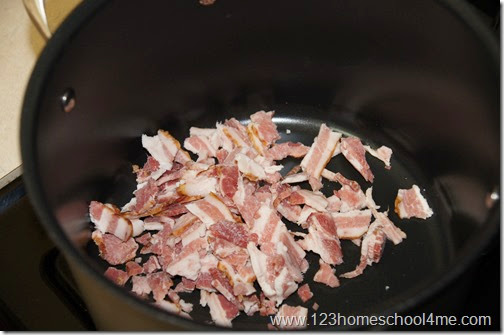 Start the sweet chili with a special, secret ingredient - bacon! Start the sweet chili with a special, secret ingredient - bacon!