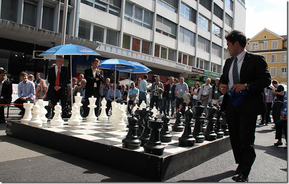 Opening of Biel Chess Festival - Hikaru playing on big chess board