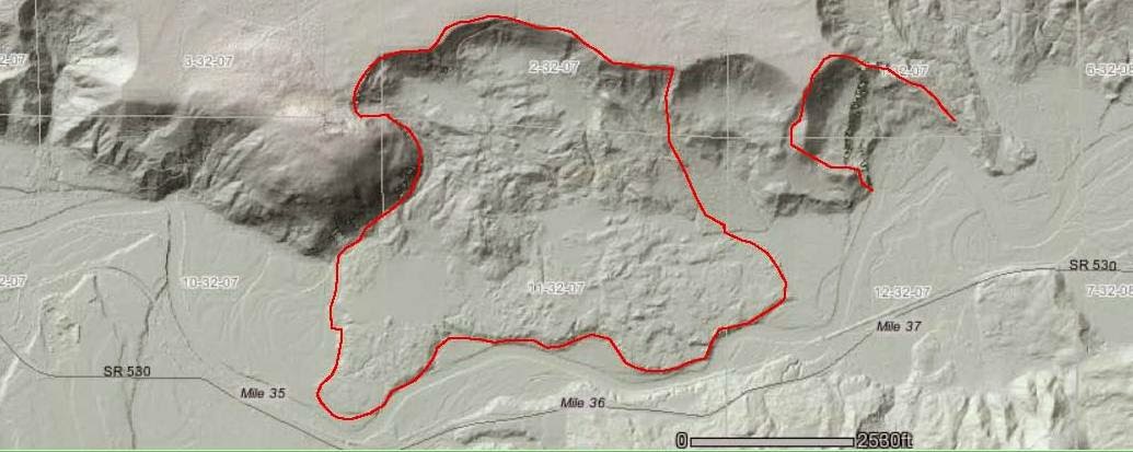 LiDAR map near the Oso landslide (red region at right), and a larger landslide complex (red region at center).  Image credit: Dan McShane.