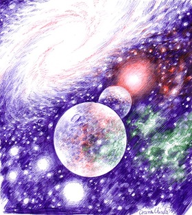 Lumini si umbre pe o sfera -Galaxie stele si planete - desen in pix - Galaxy stars and planets ballpoint pen drawing