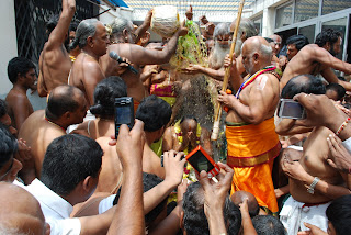 Mangala Snanam (Bathing in Holy Water). During this activity water collected from various holy rivers such as Kaveri, Gomathi, Yamuna, Ganga, Krishna and Godavari were poured on Swamiji. This is a purification process as it is believed that the waters of such great rivers have the ability to cleanse ones soul restoring its pure state.