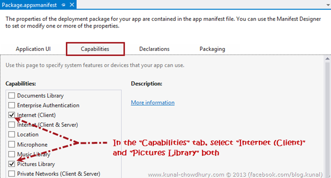In the Capabilities tab, select Internet (Client) and Pictures Library both