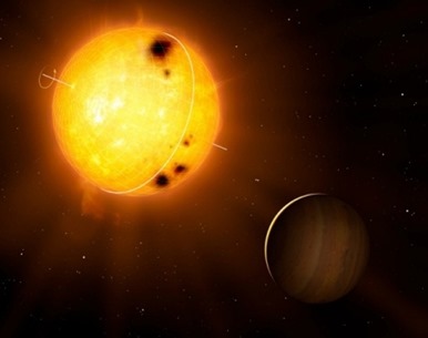 ilustração do exoplaneta e a estrela HD 52265