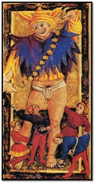 El Loco en el Tarot de Carlos VI. Ferrara, hacia 1470.