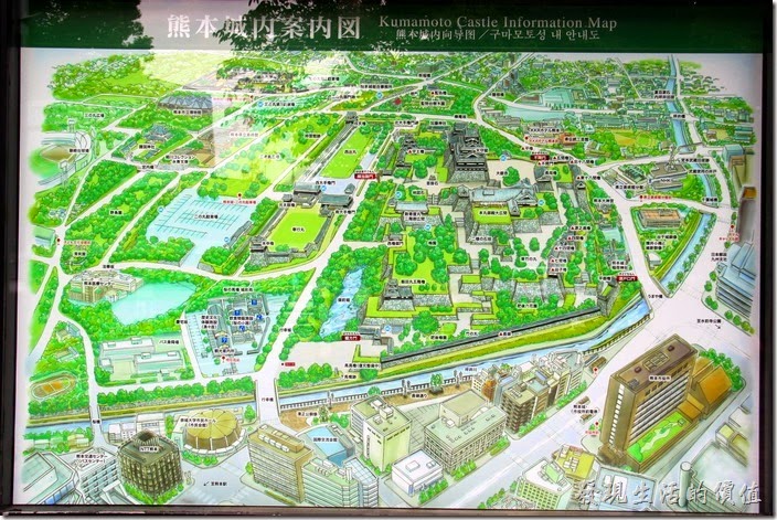 這是熊本城的說明圖，由圖可以大致窺見這熊本城佔地真的很大一片，根據資料說「熊本城」是一座平山城，城池全長5.3公里。我們這次花了半天的時間也才走了一半左右的區域。