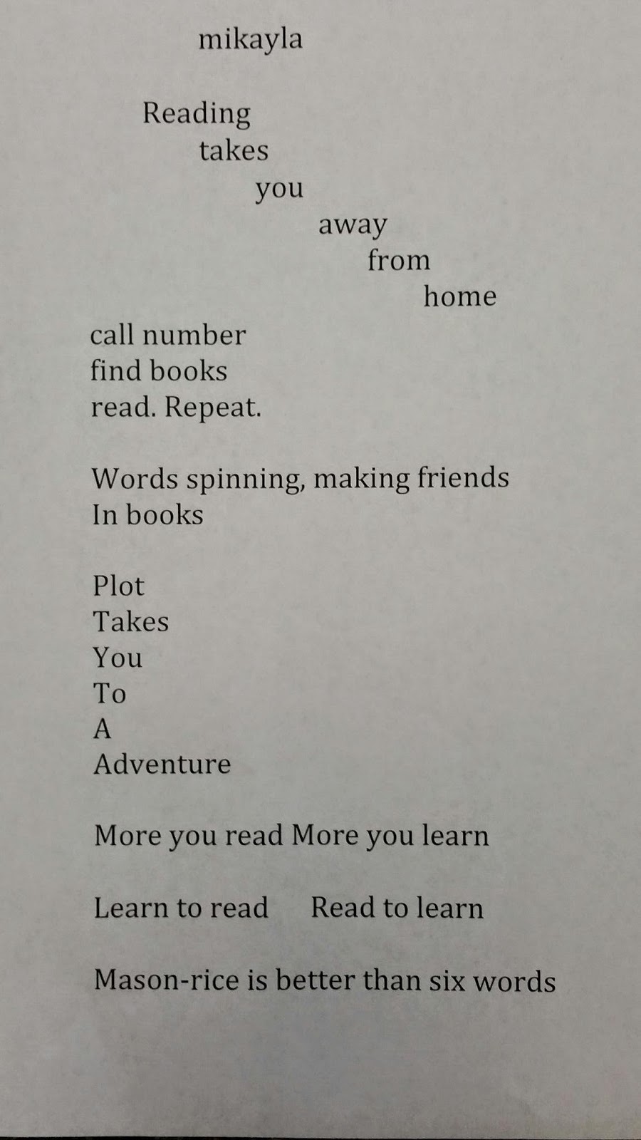 Reederama: Six Word Memoirs created by 5th grade students