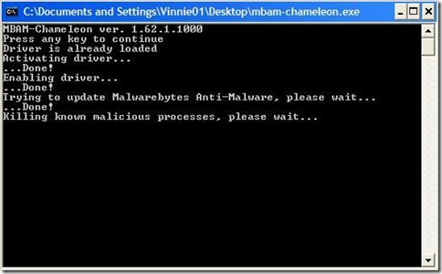 Malwarebytes Chameleon finestra DOS
