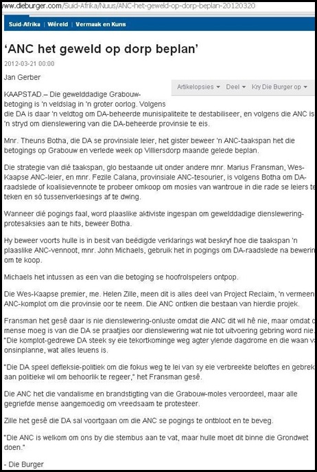 ANC PL;ANNED VIOLENCE IN GRABOUW MAR 21 2012 JAN GERBER DIE BURGER