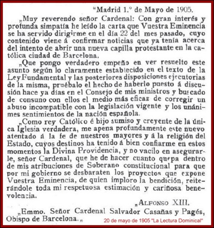 Carta Rey Anglicanos 1905
