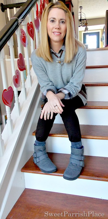 grey sweater with leather pockets and plaid shirt2