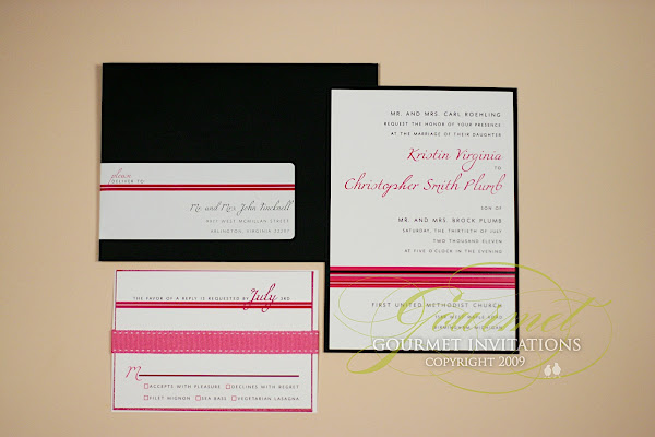 black and pink wedding invitations, black and pink wedding invitation, custom black and pink wedding invitations, gingham ribbon wedding invitations, pink ribbon wedding invitation, modern stripe wedding invitations, striped wedding invitation, oakland hills wedding, oakland hills country club wedding, michigan wedding invitations