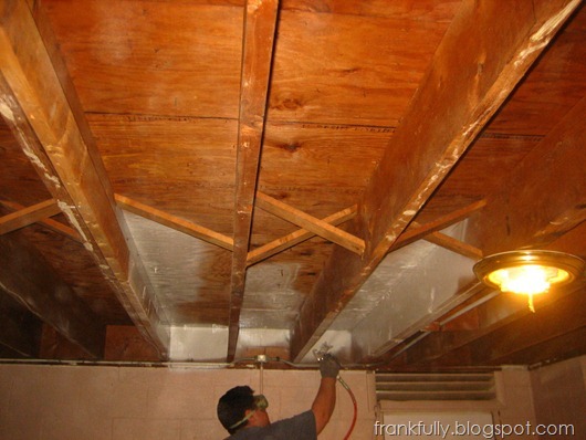 beginning to paint the basement ceiling with Wagner paint sprayer