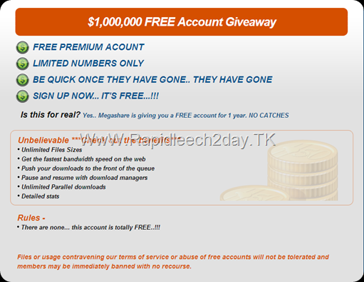 $1,000,000 Megashare Membership Premium Account Giveaway – Unlimited Files Sizes No Rules! No Cash!