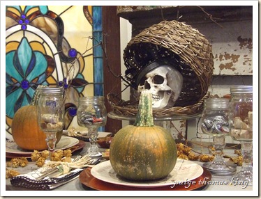 pumpkins, skull, southern style wine goblets and whip-stitched napkins