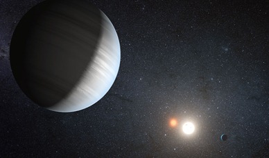 ilustração do sistema circumbinário Kepler-47