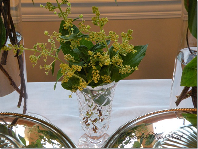 or bridal table, double chafing dish, Waterford vase, hydrangeas