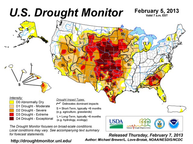 U.S. Drought Monitor, 5 February 2013. Harsh drought conditions expanded in key U.S. farm states in the nation's midsection over the previous week. Graphic: Michael Brewer / L. Love-Brotak / NOAA / NESDIS / NCDC