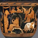 Vaso acampanado de figuras rojas, Pintor de Iliupersis, Apulia, 360 a.C. aprox. (detalle cara A)