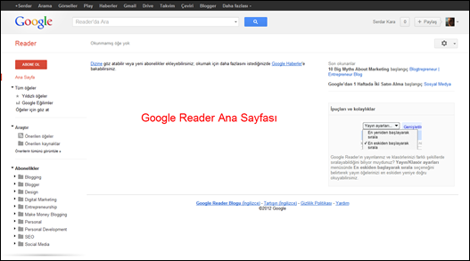 Google Reader Ana Sayfa