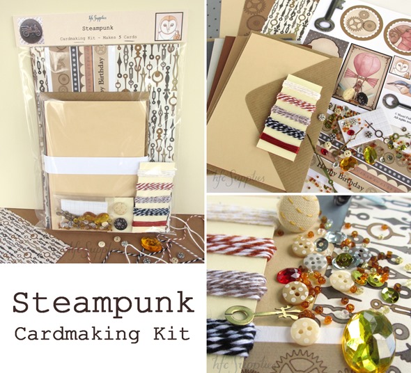 Steampunk cardmaking kit 5 cards paper buttons bakers twine