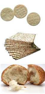 c0 Three different types of bread used in communion: wafers, matzo, and bread. The bible refers to "unleavened bread," which most American's would call a "cracker"; a communion wafer and matzo are unleavened