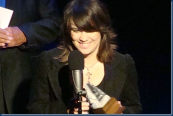 Kristen Scott Benson  accepting the International Bluegrass Music Association (IBMA) fro Banjo Player of the Year 2011.  Her fourth consecutive win!