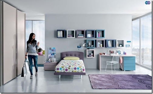 Aqua-Lavendar-White-Contemporary-Teenagers-Room-Colorful-Single-Purple-Carpet-Flooring-Interior-Bedroom-Design-Ideas-Girl-Bedroom-Decoration-Bed-Glass-Wall-Grey-Wall-Desk-Chair-Pillow-Study-Table-Wallshelves